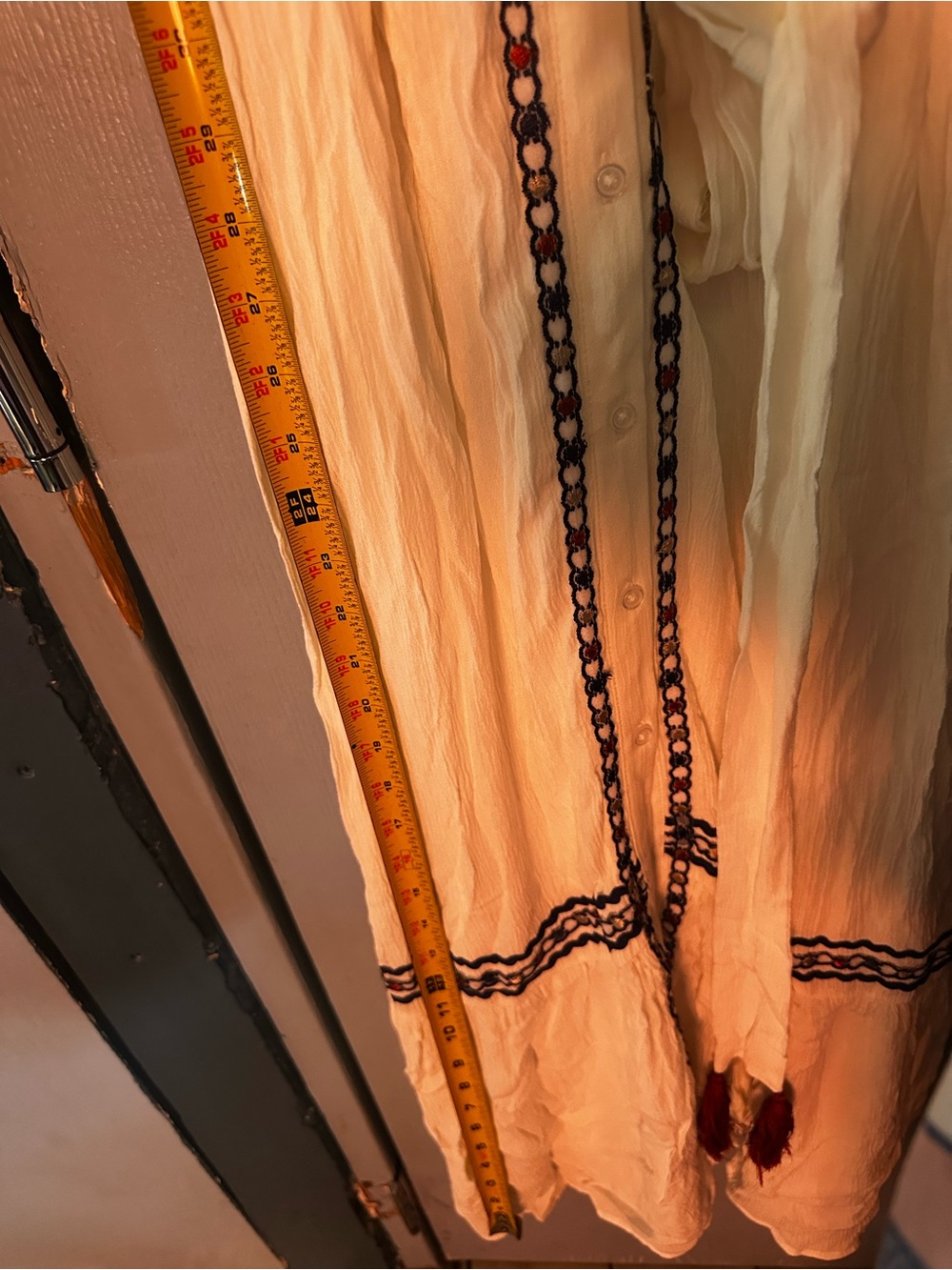 Sonoma Cream Maxi Shirt Dress with Navy Embroidered Trim and Red Tassels - Picture 5 of 9